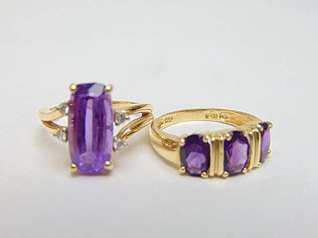 Jewelry. 2 gold rings, 14kt three stone amethyst band, 2.70 grams, size 6 & 14kt amethyst w/ two (1 of 5)