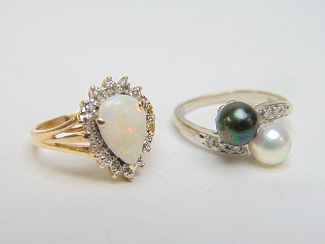 Jewelry. 2 gold rings, 10kt opal & diamond ring, 2.85 grams, size 5 1/5 & 10kt pearl & diamond chip, (1 of 5)