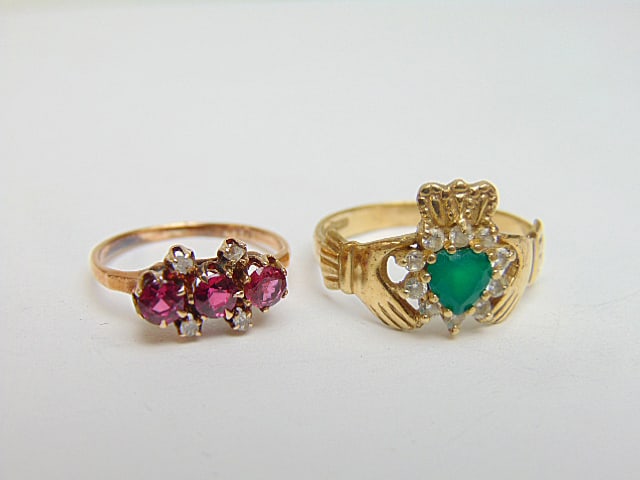 Jewelry. 2 gold rings, 10kt hallmark 417 claddagh ring green gemstone heart, stones did not test for (1 of 4)