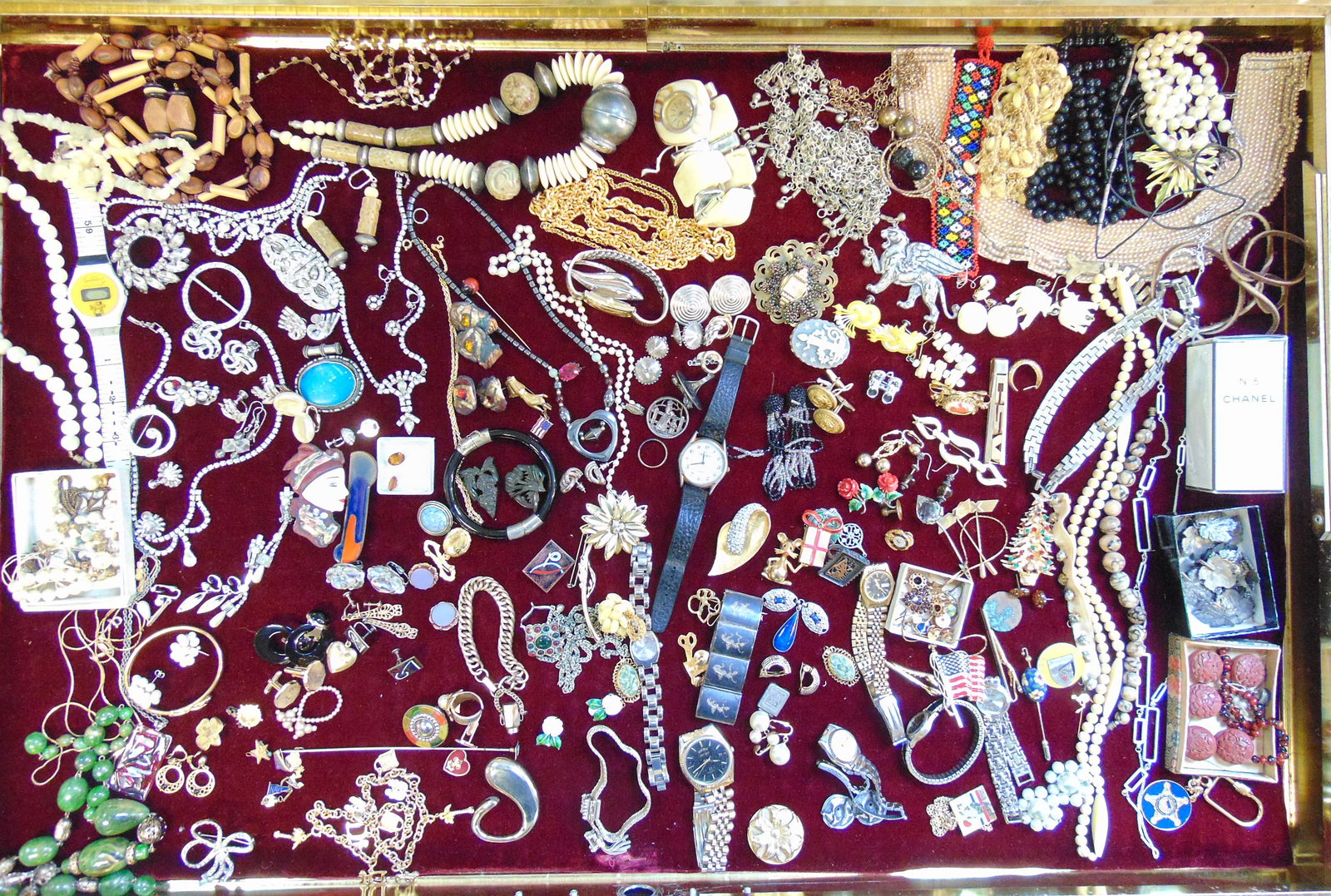Large lot of jewelry rhinestones, sterling, costume, fashion watches, beads, & Chanel perfume 1.7 oz: Large lot of jewelry rhinestones, sterling, costume, fashion watches, beads, & Chanel perfume 1.7 oz unopened