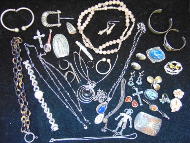 Large lot of sterling jewelry, Zuni ring; Navajo inlaid turquoise belt buckle; turquoise earrings; (1 of 7)