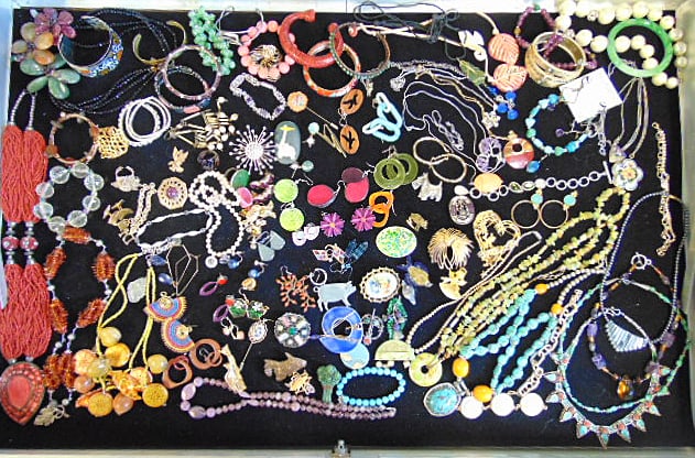 Large lot of costume jewelry including turquoise necklaces; bracelets; pins, earrings, bangles, (1 of 12)