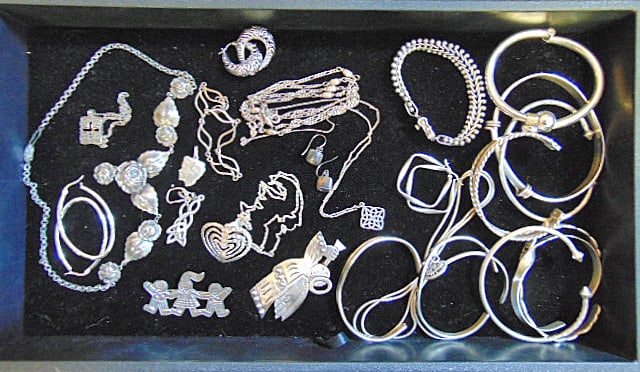 Large lot of sterling jewelry, no stones, 10 troy oz total, bracelets; bangles; pins; necklaces;: Large lot of sterling jewelry, no stones, 10 troy oz total, bracelets; bangles; pins; necklaces; etc.