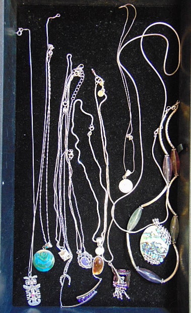 Jewelry. 11 sterling necklaces w/ various stones, abalone; turquoise; amethyst; etc.. (1 of 5)