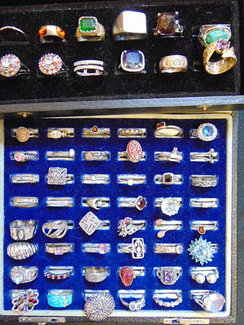 Jewelry. Collection of 60 rings total, sterling rings w/ various stones, 38 sterling hallmarked (1 of 8)