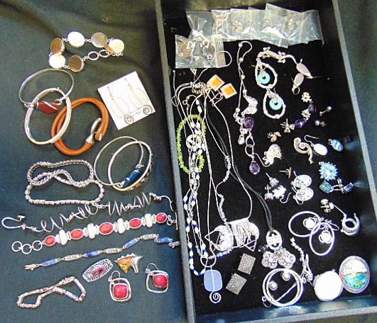 Collection of sterling silver jewelry to include bracelets; earrings, pins etc. (1 of 6)