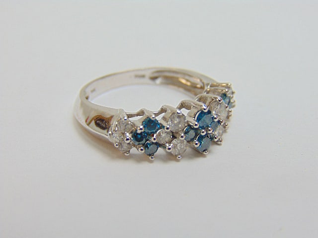 Jewelry. 14kt white gold diamond w/ blue gemstones, 3.54 grams, size 7, one diamond missing, (1 of 6)
