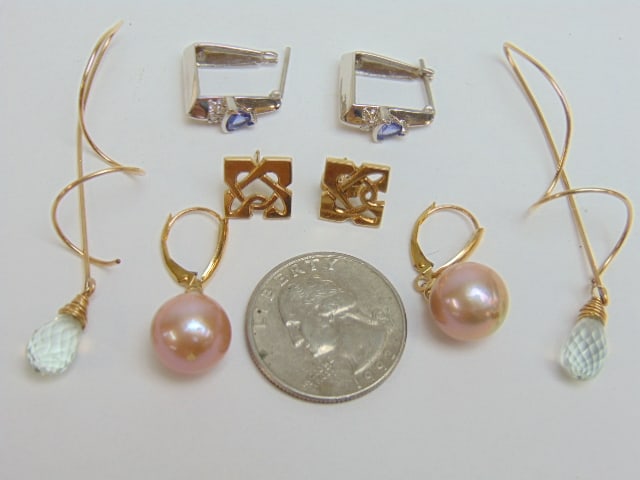 Jewelry. 4 pairs of Gold earrings white gold tanzanite 3 small diamonds tested 14k, 4.65 grams; (1 of 5)