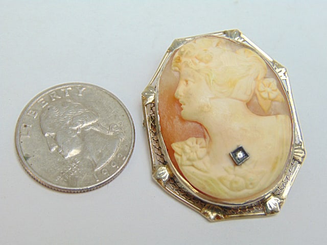 Jewelry. Vintage 14kt white gold Cameo pin w/ small diamond chip, hallmark 14k (1 of 4)