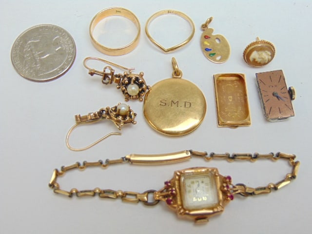 Jewelry. Misc. collection of 14kt gold & 18kt watch as is, case is 1.95 grams hallmark 18k, movement (1 of 6)