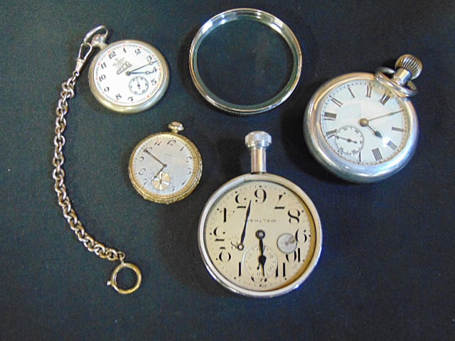 Jewelry. 4 pocket watches, one Art Deco Elgin, Waltham, Helbros 17 Jewel railroad, & Waltham 8 day (1 of 6)