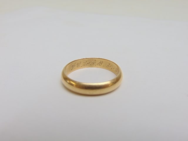 Jewelry. Vintage 14kt gold men's wedding band, 6 grams, size 12, inscribed w/ initials & 6.1.61 (1 of 3)