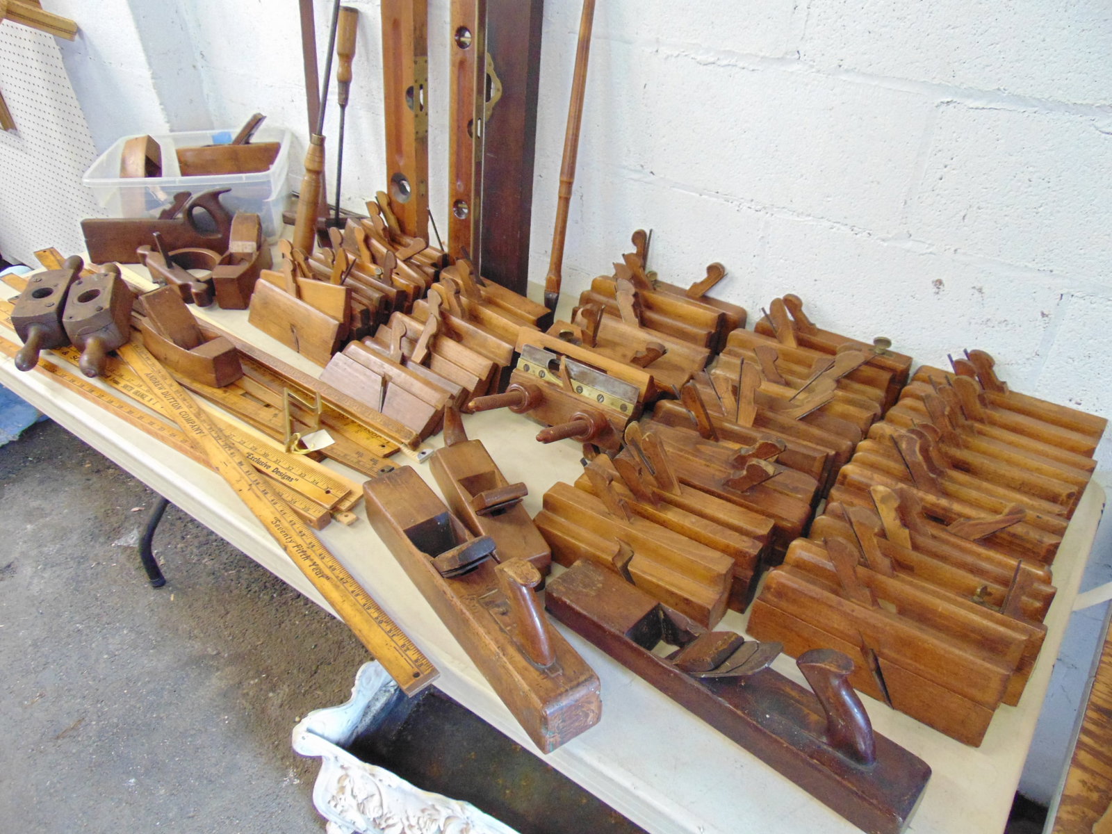 Incredible collection of woodworking tools, wood planes, levels, yard sticks, more, includes over 50: Incredible collection of vintage woodworking tools, wood planes, levels, yard sticks, more, includes over 50 planes of various sizes & use