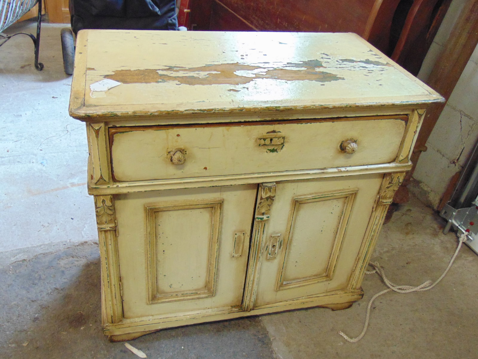 White painted cabinet, single drawer over two door base, in distressed white paint, 34" by 19.5", he (1 of 4)