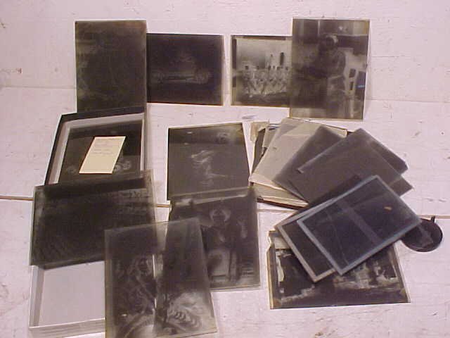 Lot glass negative plates, soldiers, cars: Lot glass negative plates, soldiers, cars. Lot consists of 3 stereo plates, 3.5" by 5.5", 14 glass plates 3 7/8" by 5 7/8", one single plate (Central Railroad small piece of corner broken) 4" by 5" an