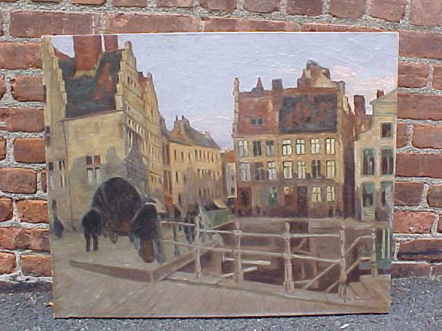 Oil, Dutch city, George Hendrik Breitner: Oil on canvas depicting a Dutch city scene with gables, figures & bridge, signed lower right, G. H. Breitner, in original condition, cracking lines in black paints, no tears, rips or damage, unframed,