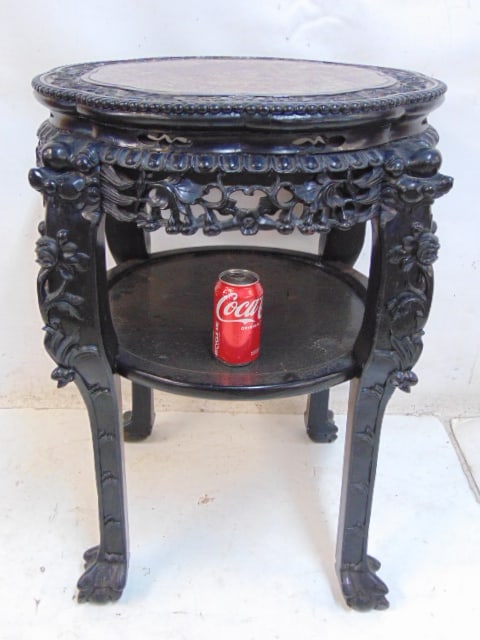 Carved base marble to Chinese side table with lower shelf, nice carved detail, table is 26" wide, (1 of 4)