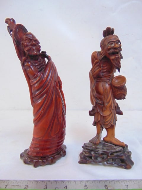 2 Chinese carved figures, horn 9 7/8" tall & carved wood 8.75" tall, wood carved figure has minor (1 of 4)