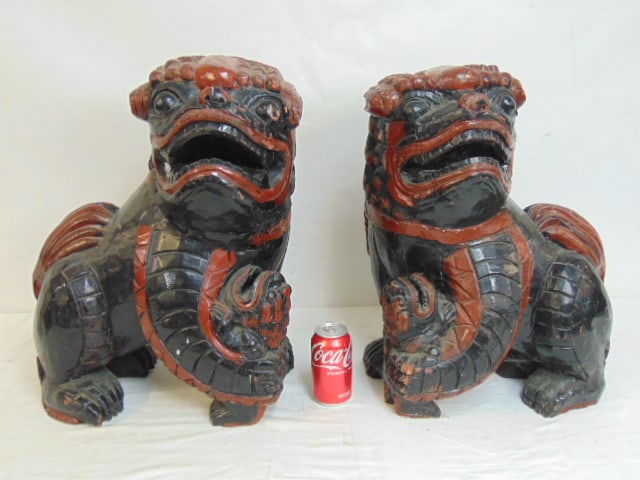 Pair large carved & painted wood foo dogs, in black & red paint, 21.75" tall, 17.5" wide, 13" deep (1 of 4)