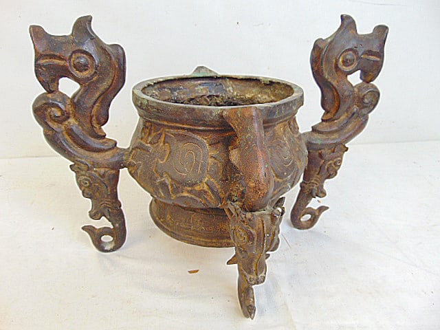 Large bronze incense burner or censer with dragon form handles, 18" wide, 15" deep, height is 13" (1 of 5)