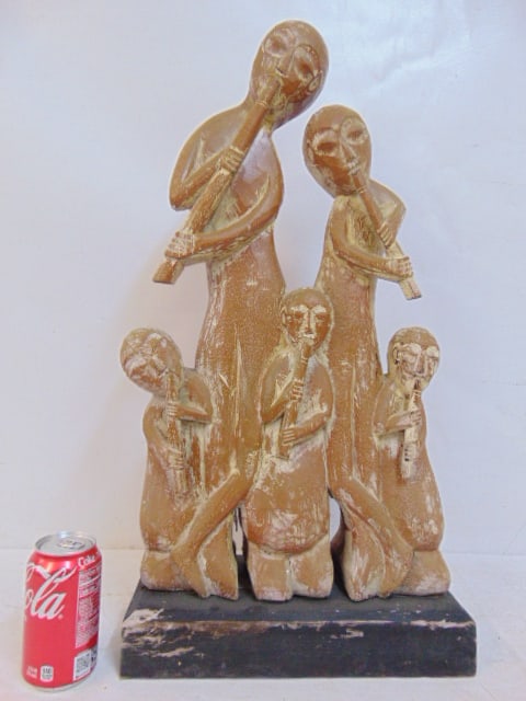 Wood carving, figures playing music, unsigned, 13.25" by 5", height is 26": Wood carving, figures playing music, unsigned, 13.25" by 5", height is 26"