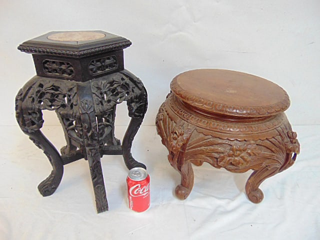 2 small carved base Chinese plants, marble top floral carved base, height is 18" & all wood carved (1 of 5)