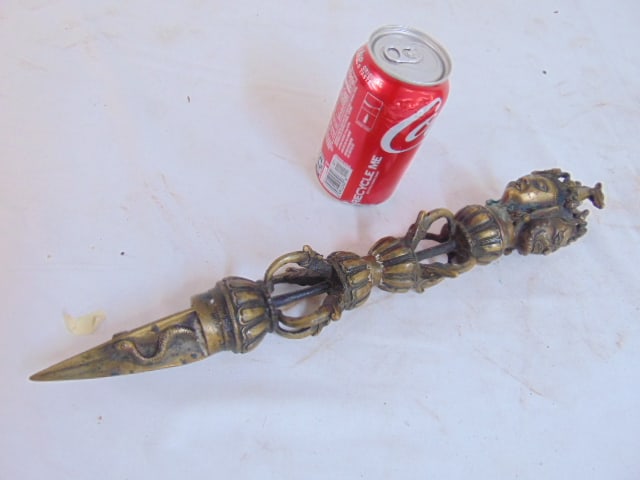 Tibetan ritual Phurba Vajra dagger, decorated with heads, snakes, 16.75" (1 of 5)