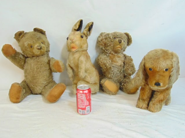 3 early Steiff animals, 2 teddy bears, bunny & dog, bunny is 17" tall (1 of 9)