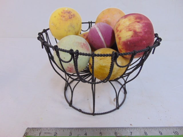 Lot carved stone fruit in wrought iron basket, 8 peaches, pears, plum, basket is 8.75" wide, height (1 of 3)