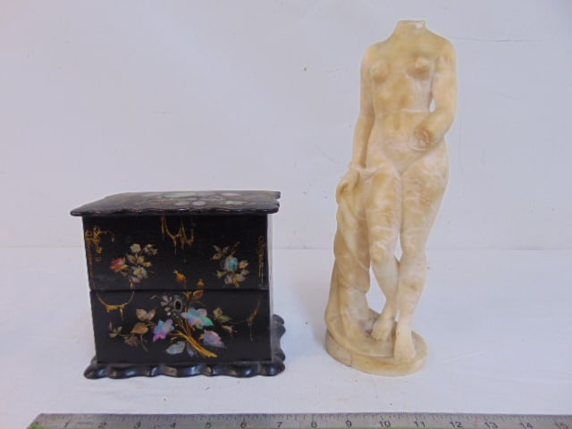Carved alabaster figure & mother of Pearl inlaid box, alabaster figure missing head, left hand, (1 of 5)