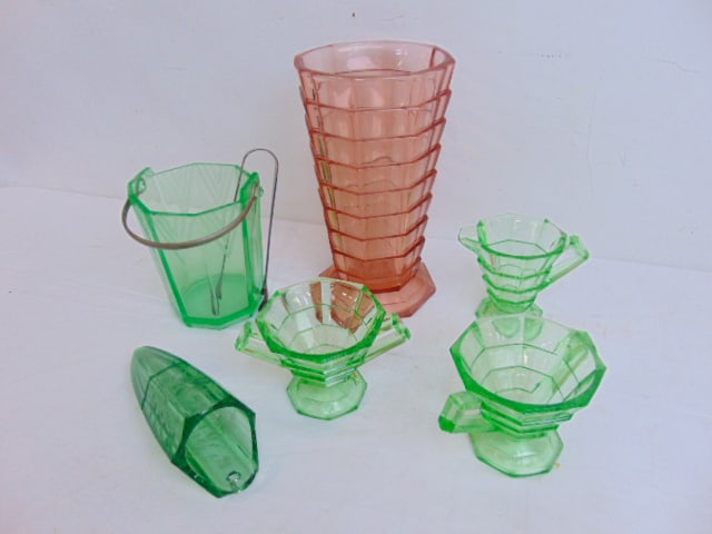 Lot depression glass, small green glass ice bucket, 2 green cups, creamer, green wall pocket & pink: Lot depression glass, small green glass ice bucket, 2 green cups, creamer, green wall pocket & pink vase, vase is 10.75" tall Tearoom