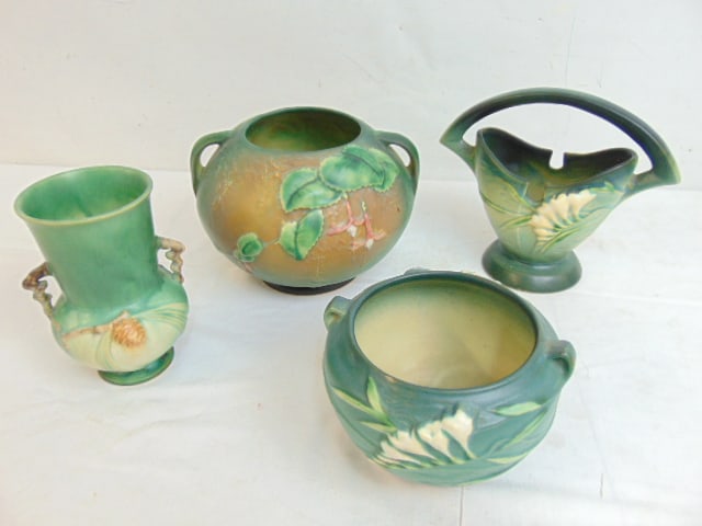 Roseville art pottery lot, includes Freesia basket vase, Freesia pattern bowl, Pinecone vase & (1 of 6)