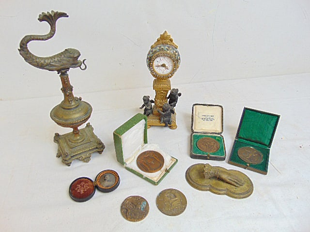 Figural cloisonne clock, dolphin form stand with hook (11.25"), hand form paper clamp, small early (1 of 15)