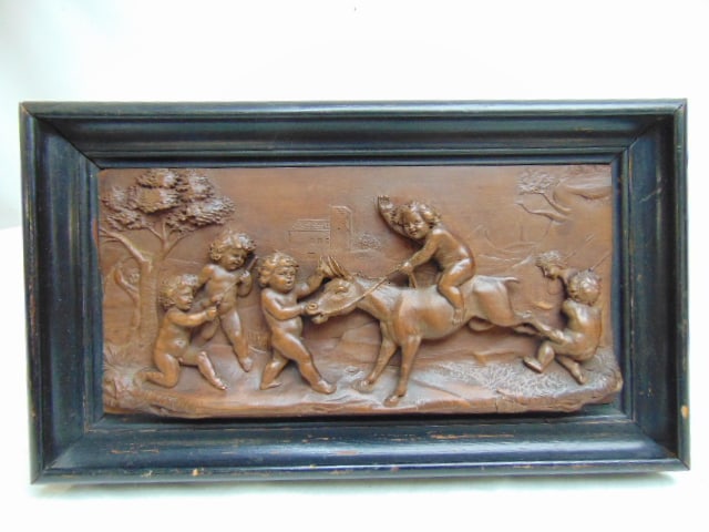 Wood carved plaque in ebonized frame, 5 putti with donkey, 7.25" by 12.5" (1 of 4)