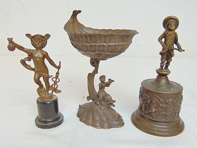 3 small bronzes, one by Franz Iffland, shell form bowl on dolphin base, bronze figural bell & small (1 of 8)