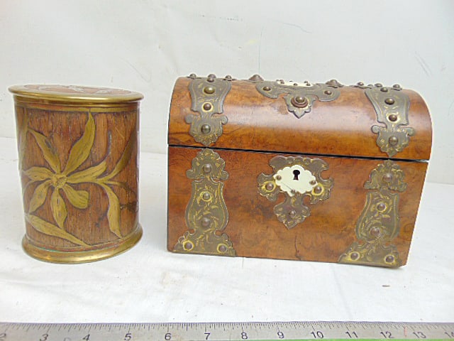 Brass inlaid wood humidor & brass decorated burl wood dome top letter box, letter box is 9.25" by 4 (1 of 7)
