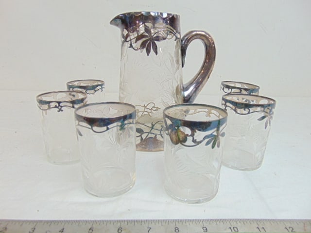 Silver overlay cut glass pitcher with 6 matching glasses, pitcher is 8.25" tall, glass etched with (1 of 6)