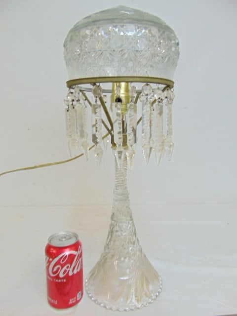 Cut crystal table lamp with cut glass shade, base & hanging crystals, some hanging crystals missing, (1 of 4)