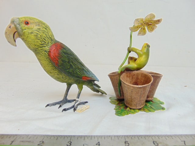 2 cold painted Vienna bronzes, parrot & frog with flower umbrella on triple planter base, parrot is (1 of 7)
