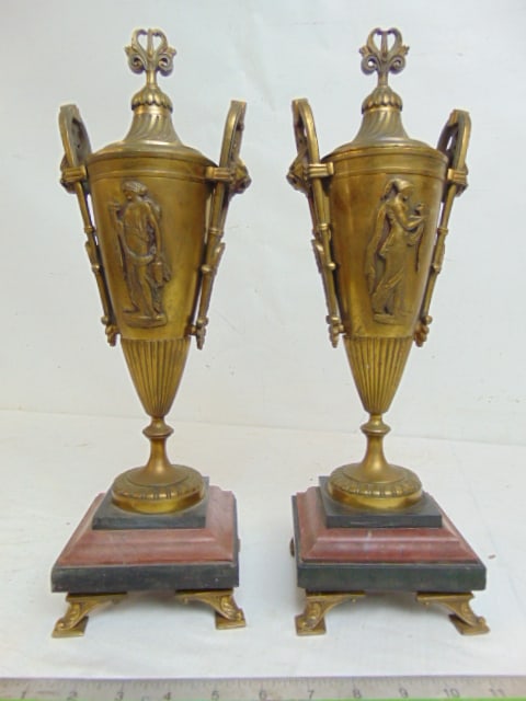 Pair bronze neoclassical style garniture urns on red & black stone bases, relief design on body, (1 of 4)