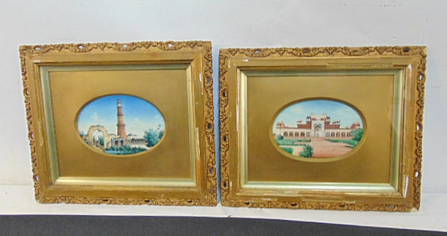 Two miniature paintings, Indian scenes, Qutub minar & palace scene, excellent detail, some chips and (1 of 5)