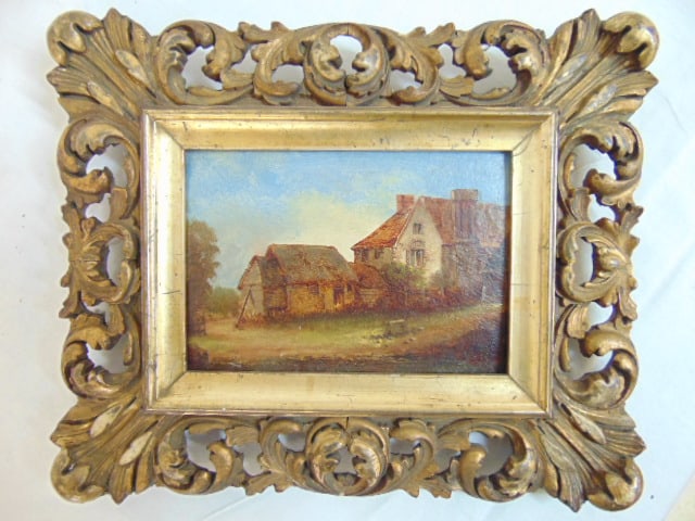 Painting, house with barn, unsigned, in carved frame, oil on board, 4" by 6", framed size is 8.25" (1 of 4)