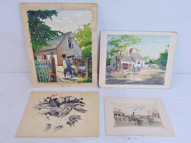 4 small paintings, drawings, steam tug boat entering small harbor, pencil & watercolor, unsigned, (1 of 10)