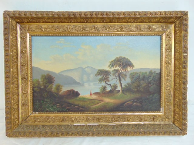 Painting, river scene with figure, unsigned, oil on canvas, in quality gilt frame, canvas is 12.25" (1 of 5)