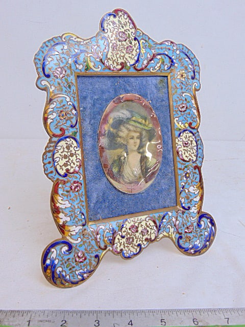 Cloisonne picture frame, solid brass with floral decorated cloisonne edge, 10" tall, 7 3/8" wide. (1 of 6)