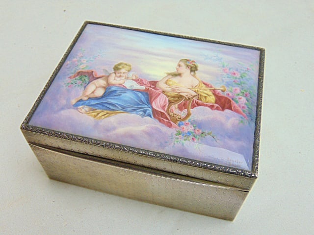 Enameled cover silver box, lid showing a fine quality romantic neoclassical scene, lid signed (1 of 10)