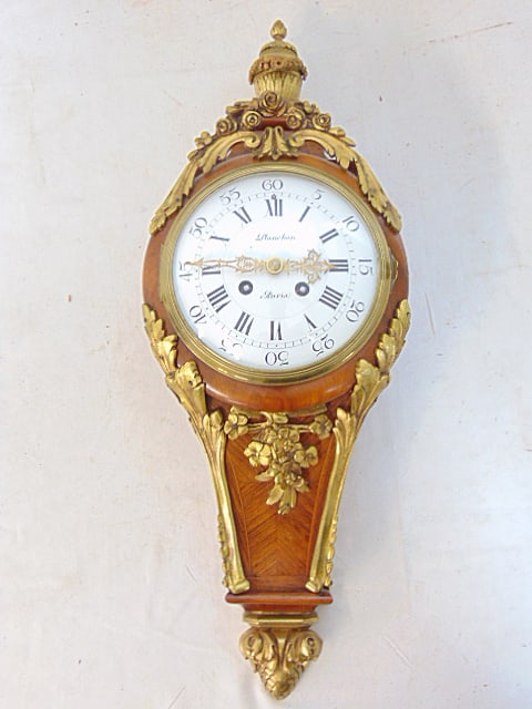 Mathieu Planchon French wall clock, inlaid case with bronze trim, decorations, enameled dial, marked (1 of 7)