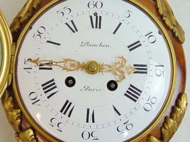 Mathieu Planchon French wall clock, inlaid case with bronze trim, decorations, enameled dial, marked - 2