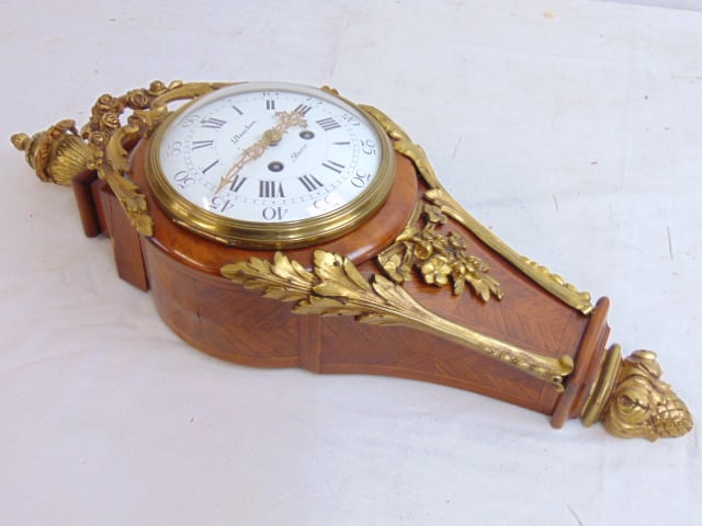 Mathieu Planchon French wall clock, inlaid case with bronze trim, decorations, enameled dial, marked - 5