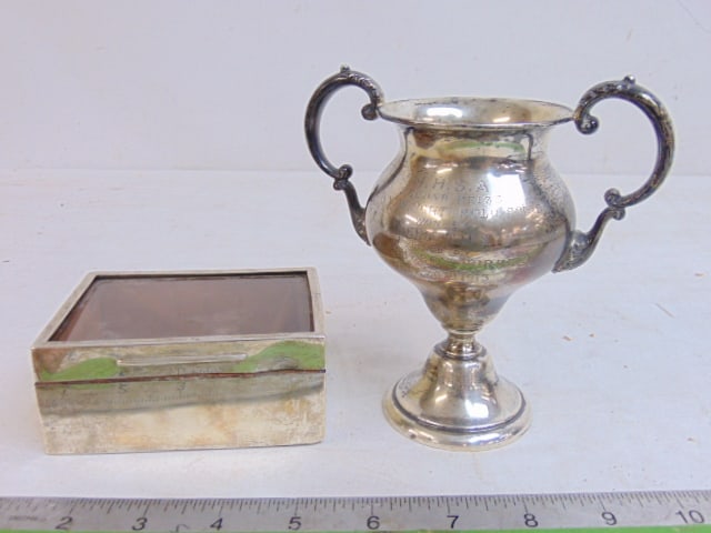 Silver Polo Ponies trophy & silver box with wood lined interior & glass door (glass loose), trophy (1 of 7)